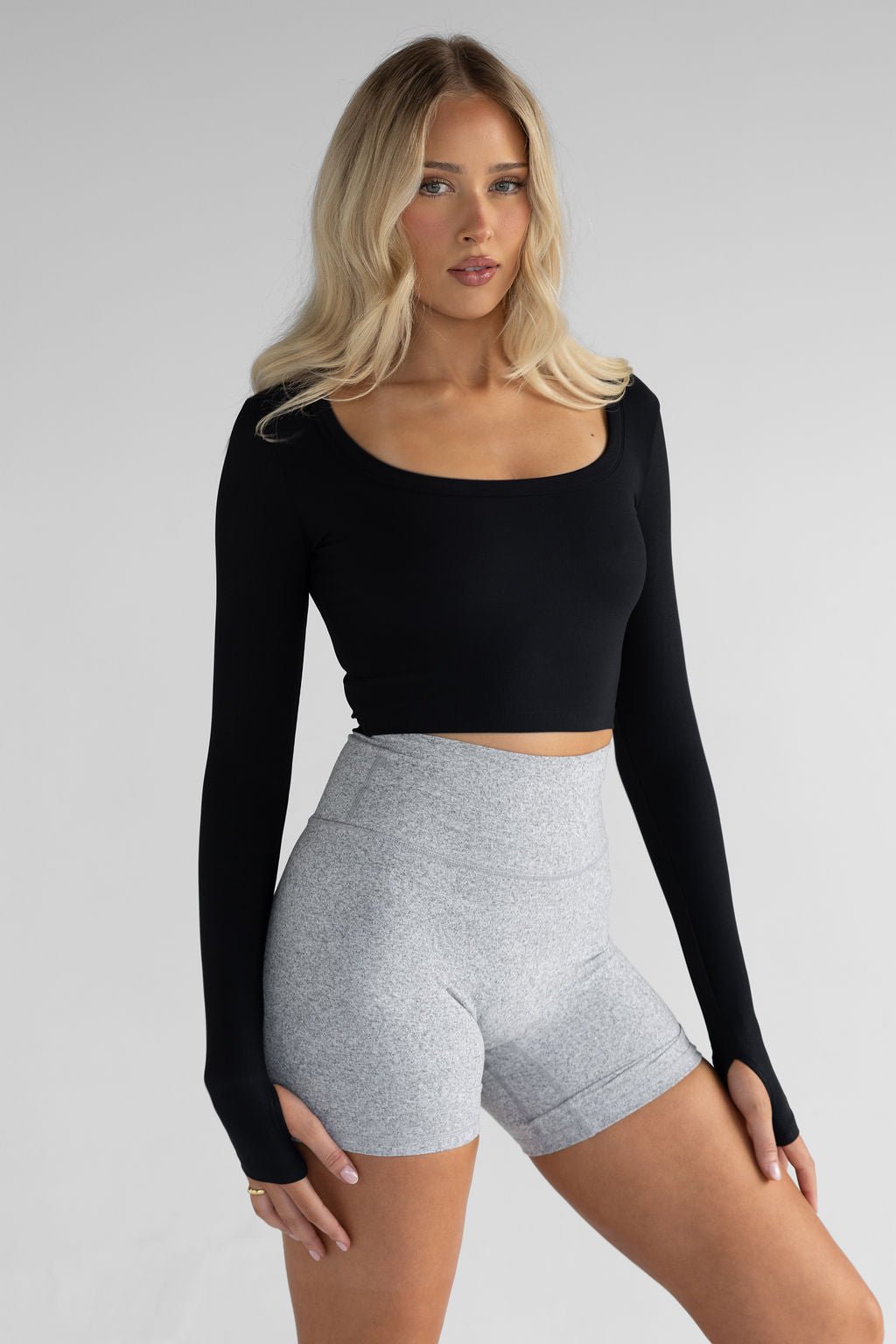 Ribbed Scoop Neck Long Sleeve - Black - LEELO ACTIVE