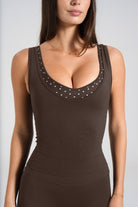 Double Layer V-Neck Tank - Dark Chocolate/Polka - LEELO ACTIVE