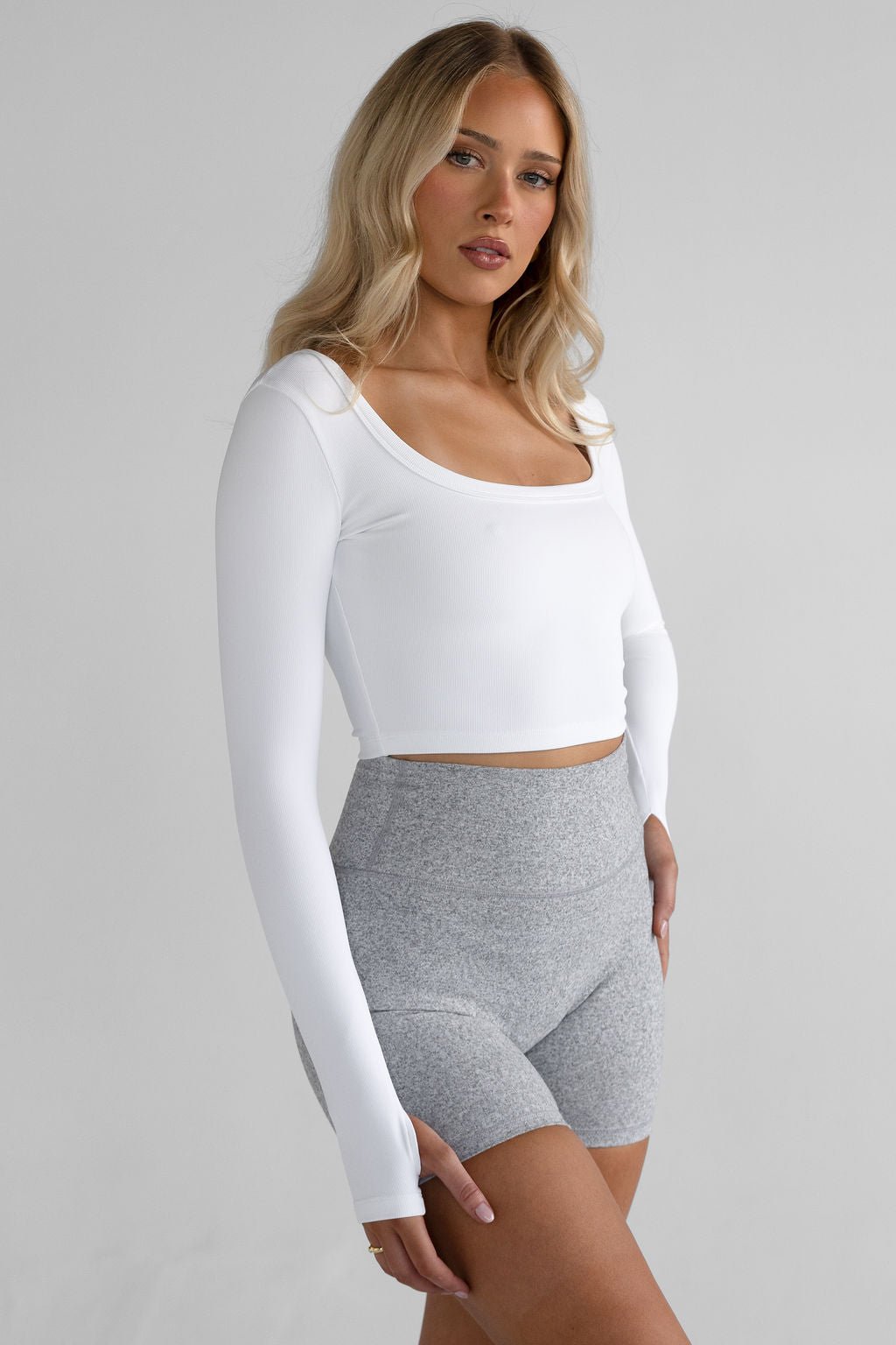 Ribbed Scoop Neck Long Sleeve - White - LEELO ACTIVE