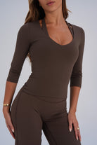 Sculpt 3/4 Sleeve V-Neck - Dark Chocolate - LEELO ACTIVE