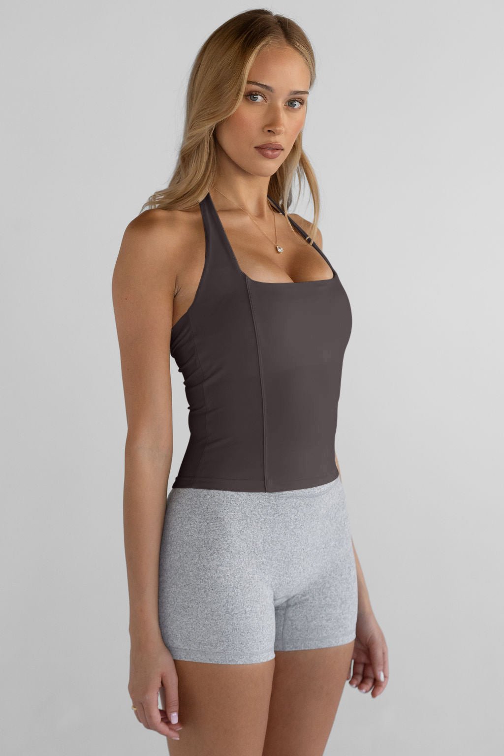 Sculpt Shape Halter Neck Tank - Dark Chocolate - LEELO ACTIVE