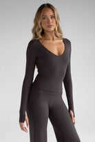 Sculpt V - Neck Long Sleeve - Dark Chocolate - LEELO ACTIVE