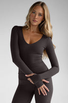 Sculpt V - Neck Long Sleeve - Dark Chocolate - LEELO ACTIVE