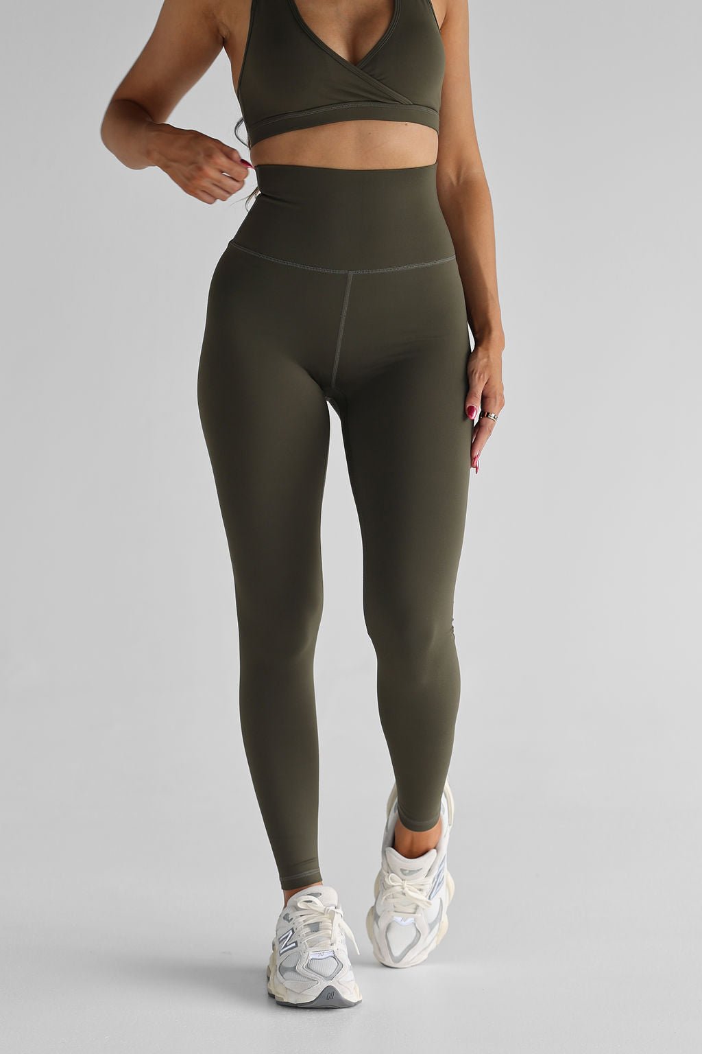 Extra High Waist Full Length Leggings - Khaki - LEELO ACTIVE