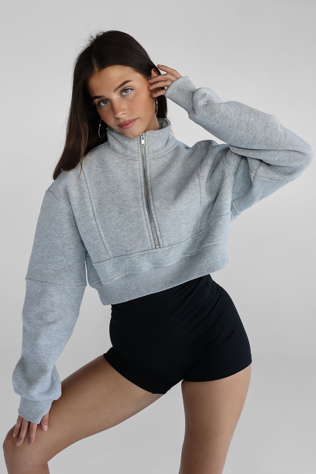 Half Zip Cropped Sweater - Marl Grey - LEELO ACTIVE
