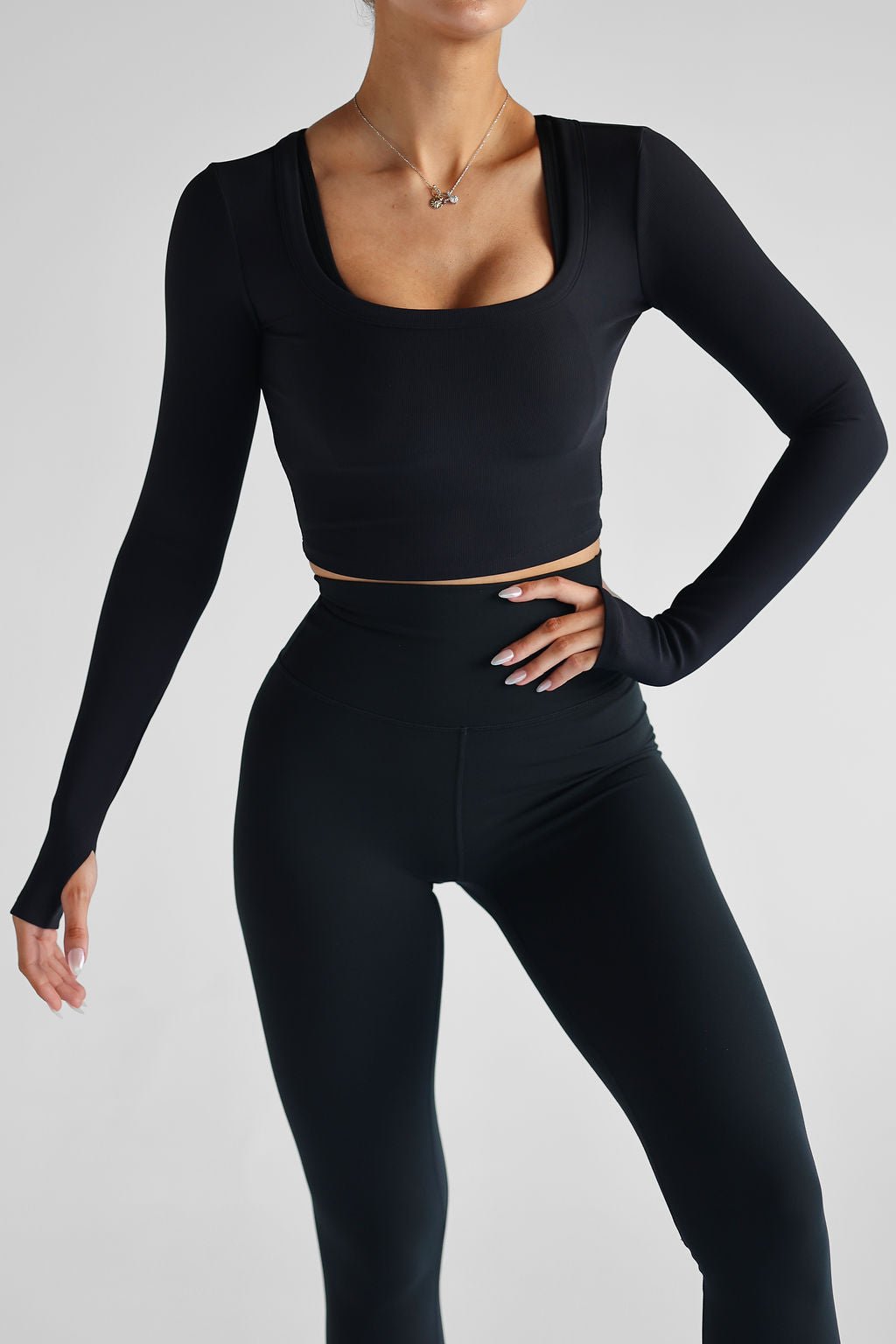 Ribbed Long Sleeve Crop - Black - LEELO ACTIVE