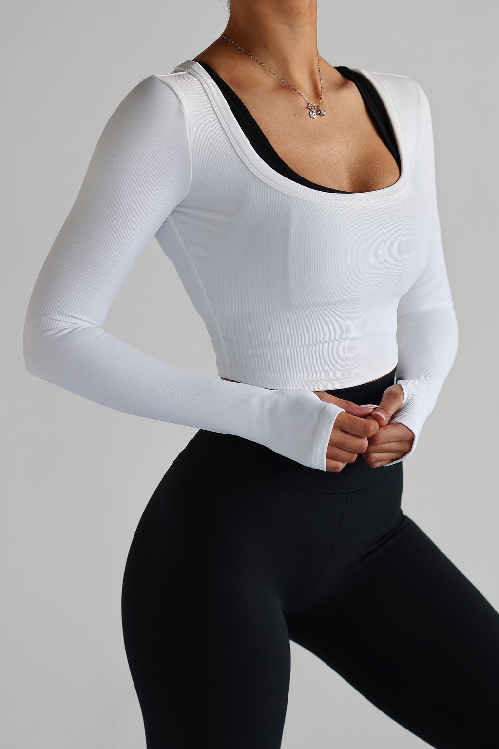 Ribbed Long Sleeve Crop - White - LEELO ACTIVE