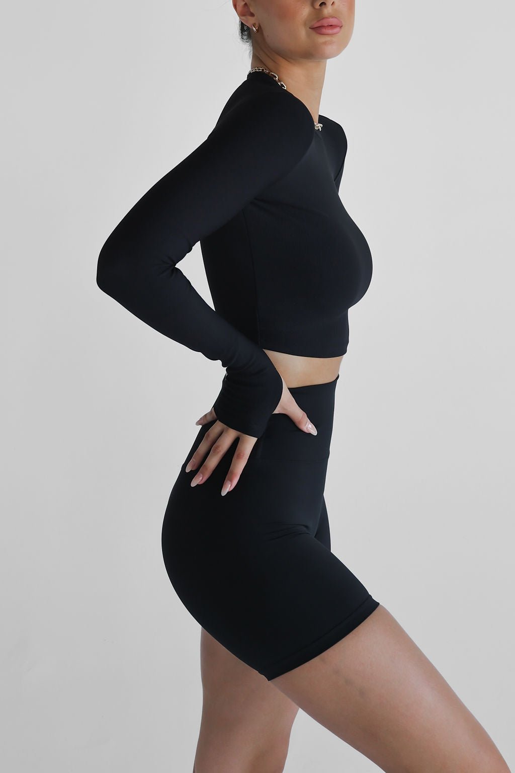 Ribbed Long Sleeve High Neck Crop - Black - LEELO ACTIVE