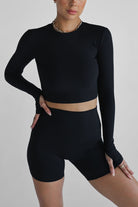 Ribbed Long Sleeve High Neck Crop - Black - LEELO ACTIVE