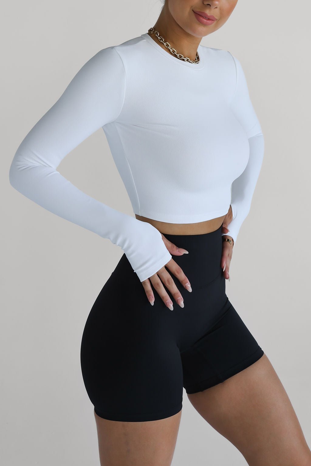 Ribbed Long Sleeve High Neck Crop - White - LEELO ACTIVE