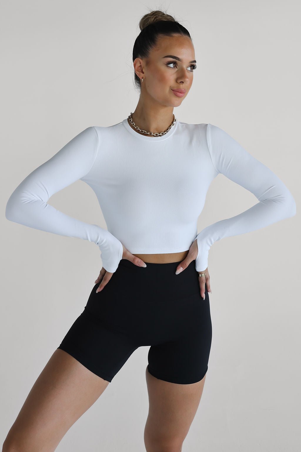 Ribbed Long Sleeve High Neck Crop - White - LEELO ACTIVE