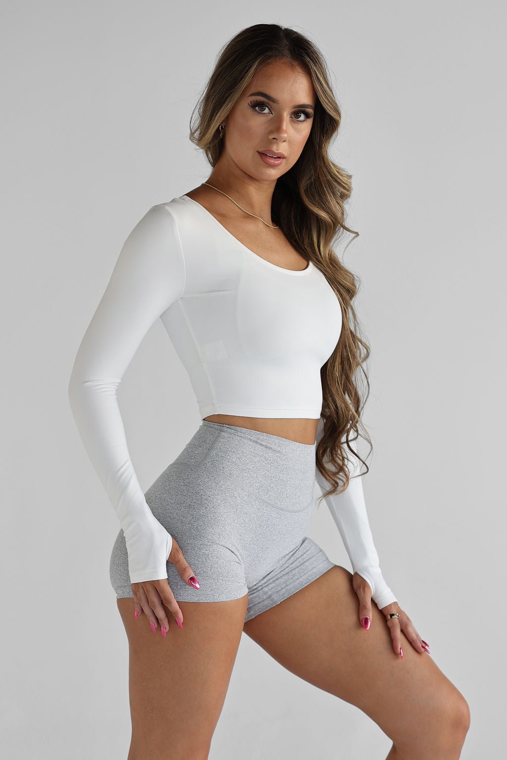 White Low-Neck Long Sleeve Crop Top